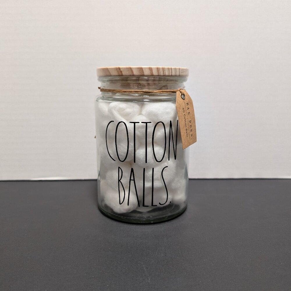 Rae Dunn 2020 Cotton Balls Clear Glass Jar Wooden‎ Lid New Bathroom Canister